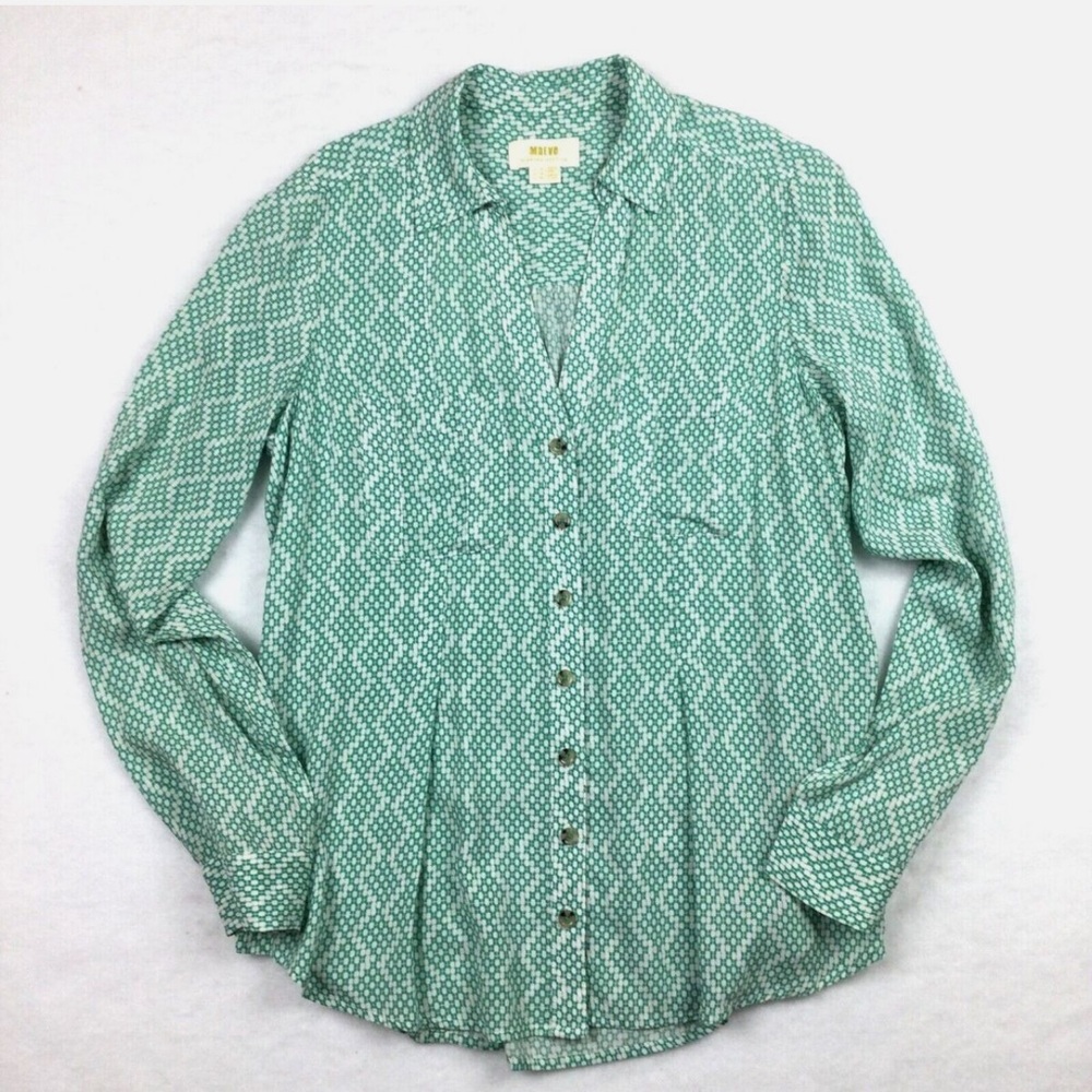 Maeve Anthropologie Green White Pattern Button with Collar Top Shirt Blouse.